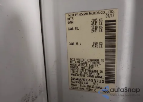 2017 Nissan Maxima 3.5 Sl z USA, uszkodzony, nr VIN 1N4AA6AP6HC453720